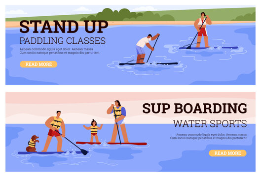 Stand up paddling classes and sup boarding water sport web banners set, flat vector illustration.