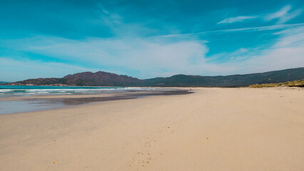 Carnota, Galicia, Spain - April 5, 2023: Carnota Beach