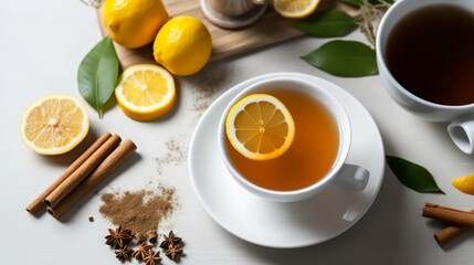 Cup of tea with lemon and cinnamon on a white table, Generative AI