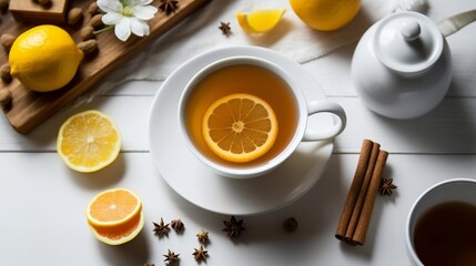 Fototapeta na wymiar Cup of tea with lemon and cinnamon on a white table, Generative AI