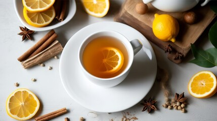 Obraz na płótnie Canvas Cup of tea with lemon and cinnamon on a white table, Generative AI