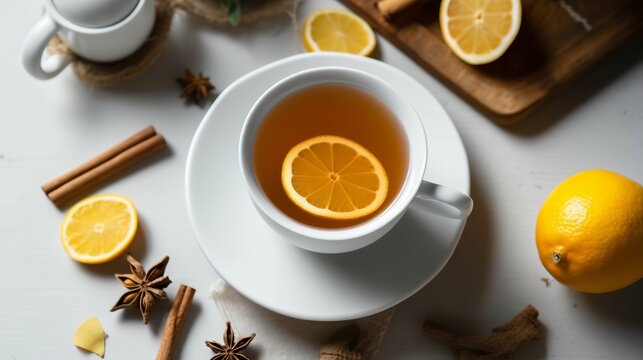 Cup of tea with lemon and cinnamon on a white table, Generative AI