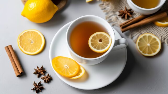 Cup of tea with lemon and cinnamon on a white table, Generative AI