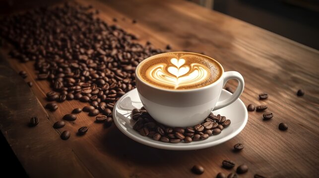 Nice Texture of Latte art on hot latte coffee with coffee beans. Milk foam in heart shape leaf tree on top of latte art from professional barista artist. Generative AI