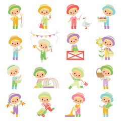 Little Blond Boy in Jumpsuit and Hat at Farm Working in the Garden Big Vector Set