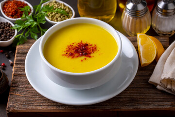 Traditional delicious Turkish foods; Red lentil soup (Turkish name; Mercimek corbasi)