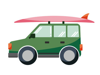レトロなピンクのサーフボードを運ぶ緑のsuv車