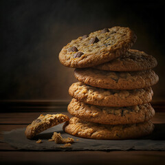 Oatmeal cookies pile cereal on dark background, Generative AI