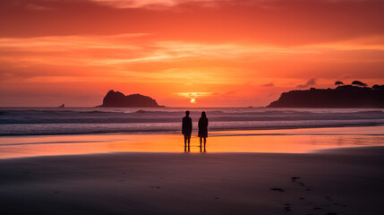 Fototapeta na wymiar couple amoureux sur une plage au couché du soleil