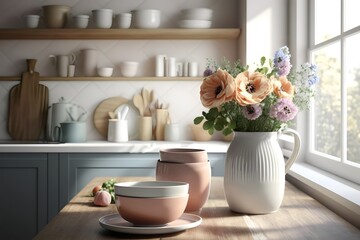 Fototapeta na wymiar kitchen counter, wooden island, pastel color, vase of flower, tableware, plate, bowl, spoon, glass, natural lighting, product display, background