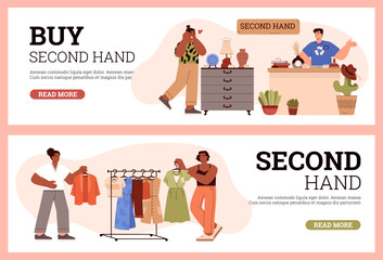 Second hand store advertising web banners set, flat vector illustration..