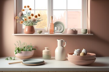 Fototapeta na wymiar Plate for display, ceramic bowl, ceramic vase with flower, jar, potted plant, wood kitchen counter, tile wall, photo background, food photography property, window light, minimal, modern