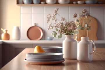 Fototapeta na wymiar Wooden board, plate for display, ceramic bowl, ceramic vase with flower, jar, potted plant, wood kitchen counter, tile wall, photo background, food photography property, window light, minimal, modern