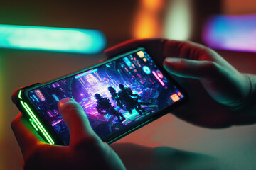 Close-up of pro gamer hands plays a cyber sport game on his smartphone in the dark room with neon lights. Professional mobile gaming concept as part of Esports. Generative AI - obrazy, fototapety, plakaty