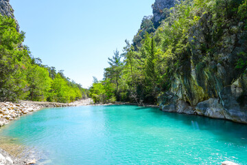 Plakat Goynuk canyon near Kemer. Idyllic landscape with rocks and canyons and turquoise water. Nature in Turkey. 