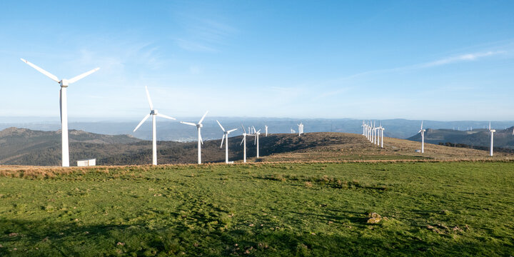 Meizoso, Galicia, Spain - April 2, 2023: Wind farm near "Garita de Herbeira"