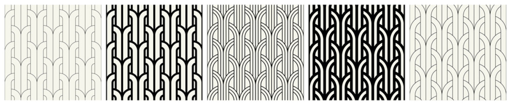 Vector seamless patterns set. Stylish linear ornaments. Geometric backgrounds with thin and bold arches. Regular monochrome swatches. Art deco tileable grids. Generative AI