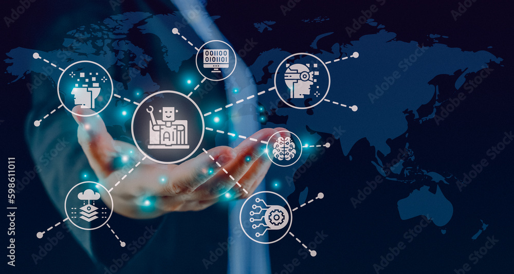 Poster businessman finger touch ai icon. digital transformation technology strategy, iot, internet of thing