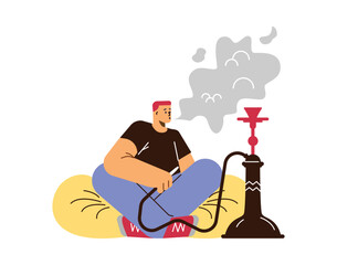 Man sitting in soft chair and smoking hookah, flat vector illustration isolated.