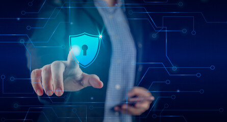 Data network protection, businessman press shield icon, web button, virus cyber security. Insurance Digital crime by hacker fraud. Information security against viruses, System firewall binary Safety.