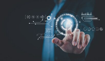 Businessman finger touch AI icon. Digital transformation technology strategy, IoT, internet of things. transformation of technology in business enhancing. Development of machine learning. Futuristic.