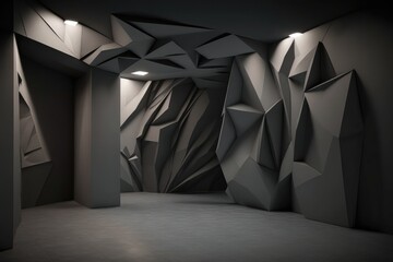 Abstract geometric shapes in a dark room with lighting