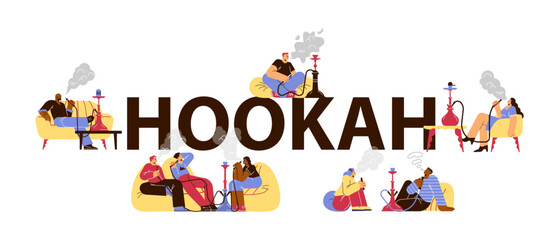 Hookah banner template with hookah pipe and people characters flat vector.