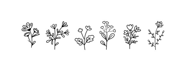  Cute abstract floral hand drawn plants and flowers line art Vector illustration. Trendy Modern cartoon style pattern template collection. for logo, tattoo, invitation, card, and prints.