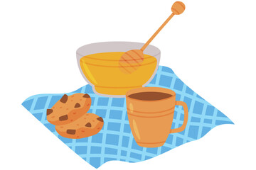 Honey in Bowl with Dipper, Coffee Mug and Chocolate Cookies as Tasty Breakfast or Brunch with Typical Food Vector Illustration