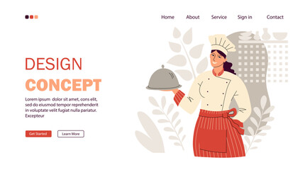 Landing page concept, cooking website design. A female chef holds a cloche dish in her hand. Smiling woman in toque and uniform. Flat style. Vector illustration.