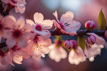 Sakura flowers blooming beautiful pink cherry blossom with generative AI technology