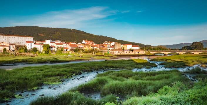 Noia, Galicia, Spain - April 4, 2023: General view of the town and River Vilacoba
