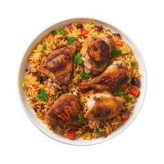 Fototapeta premium Chicken Pilaf On White Plate, Turkish Dish. On An Isolated Transparent Background, Png. Generative AI