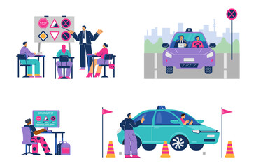 Driving school scenes set, flat vector illustration isolated on white background.