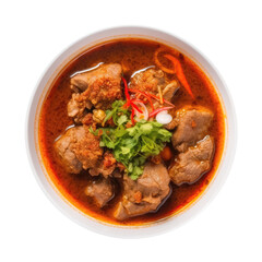 Fototapeta premium Geng Hang Lay Northernstyle Pork Curry On White Plate, Thai Dish. On An Isolated Transparent Background, Png. Generative AI