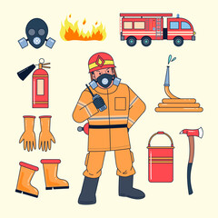 Fireman and work equipment such as fire suit, gas, mask, fire, water tank, fire truck, fire extinguisher, fire hose, nozzle, axe, gloves, boots, water, radio