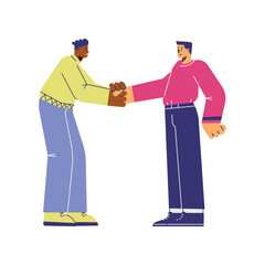 Two young men shaking hands, flat vector illustration isolated on white background.