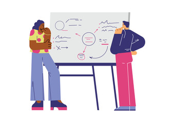 Fototapeta premium Business people think about startup strategy, flat vector illustration isolated.