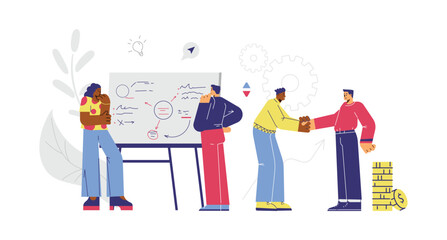 People analyze notes on large board and shake hands flat style