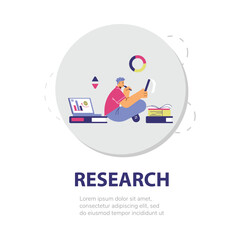 Research icon with young man looking for information about business idea, flat vector illustration isolated on white.