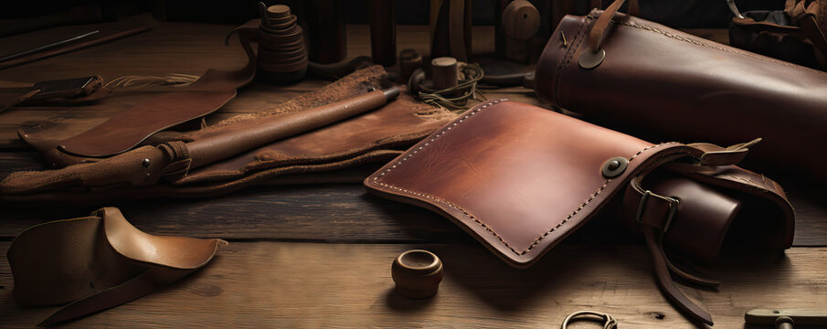 leather craft. Hand made leather goods, or leather parts on a work table. Generative AI.