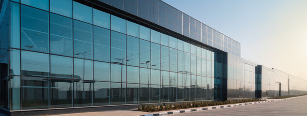 AI generated corporate headquarters or large office under a blue sky. AI generated so has no ties with any real entities. New condition glassy building, under a fair blue sky. Generative AI. 