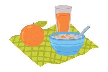 Porridge in Bowl with Orange Juice in Glass as Tasty Breakfast or Brunch with Typical Food Vector Illustration