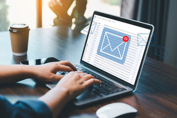 email marketing concept, receive new message, message online chat social text, female hand working...