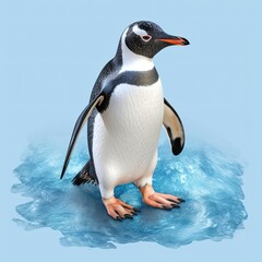 single penguin standing on blue ice, generative ai