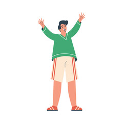 Happy young boy hands up flat style, vector illustration