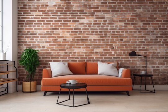 interior background wall living simple decor home terracotta render brick wall. Generative AI. Generative AI
