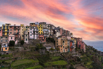 Scenic view of Coniglia village at sunset. Coniglia is located in Cinque Terre, Italy