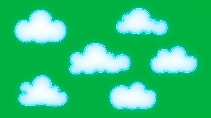 3d cute clouds set with neon lights, 6 different white clouds collection ongreen background, cartoon nature design element	