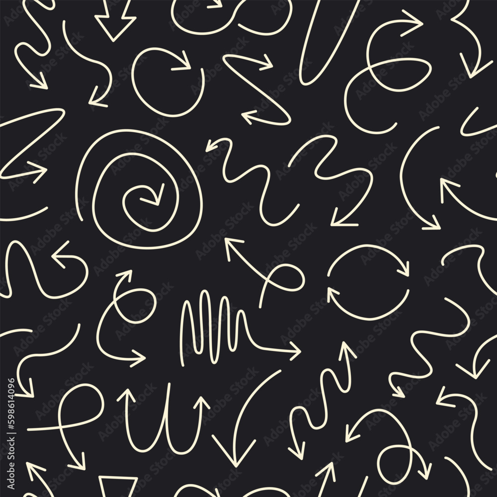 Poster Vector seamless pattern with white linear arrows on a black background. 